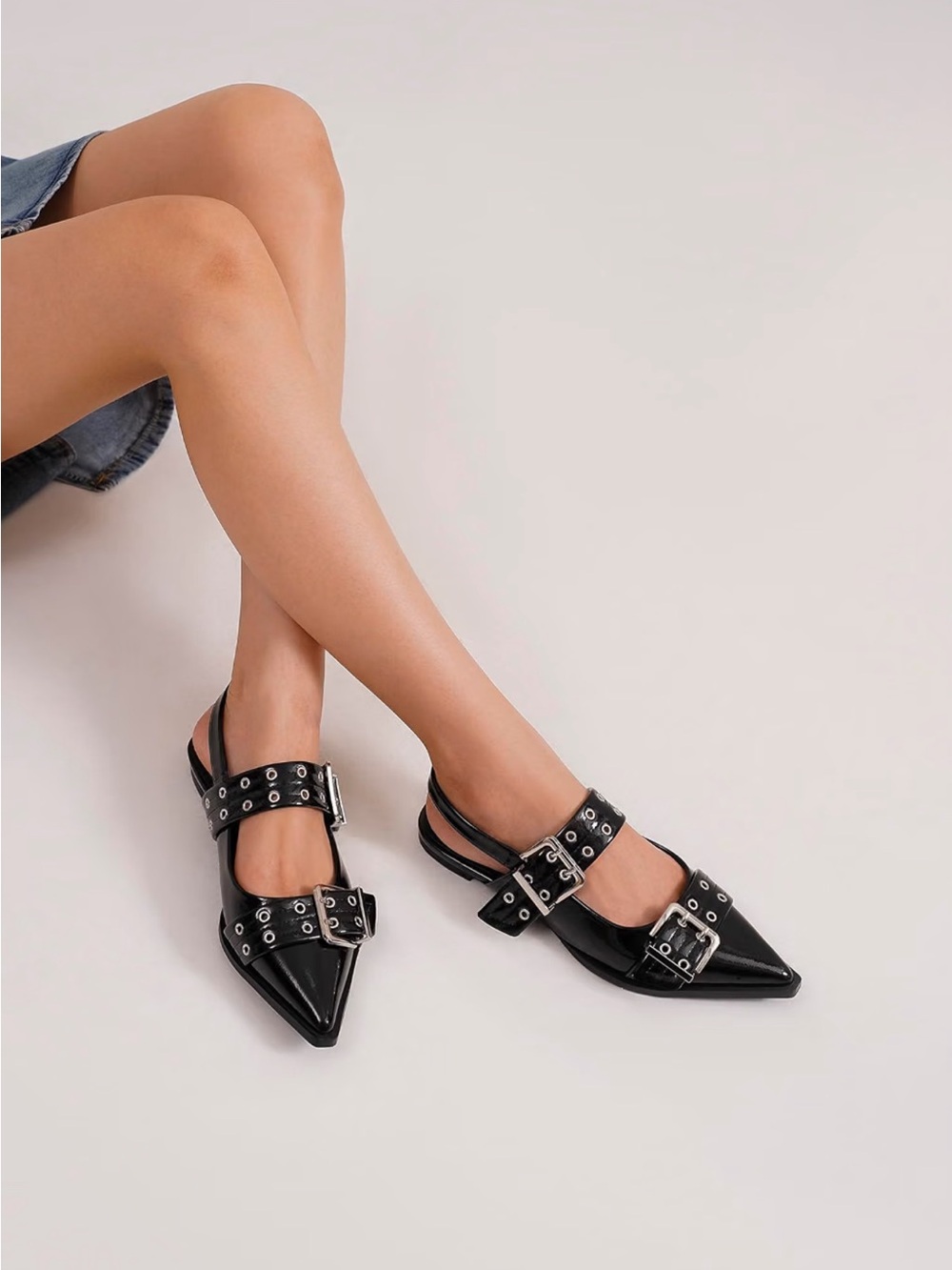 Pointed Toe Black Buckle Slingback Flats